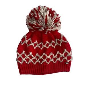 American Eagle Women's Red Knit Crochet Beanie Pom Pom Toboggan Wool Blend